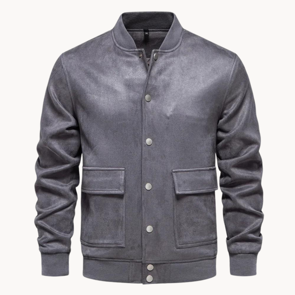 Chaqueta bomber hombre con cierre de botones y cuello corto corte recto largo a la cadera