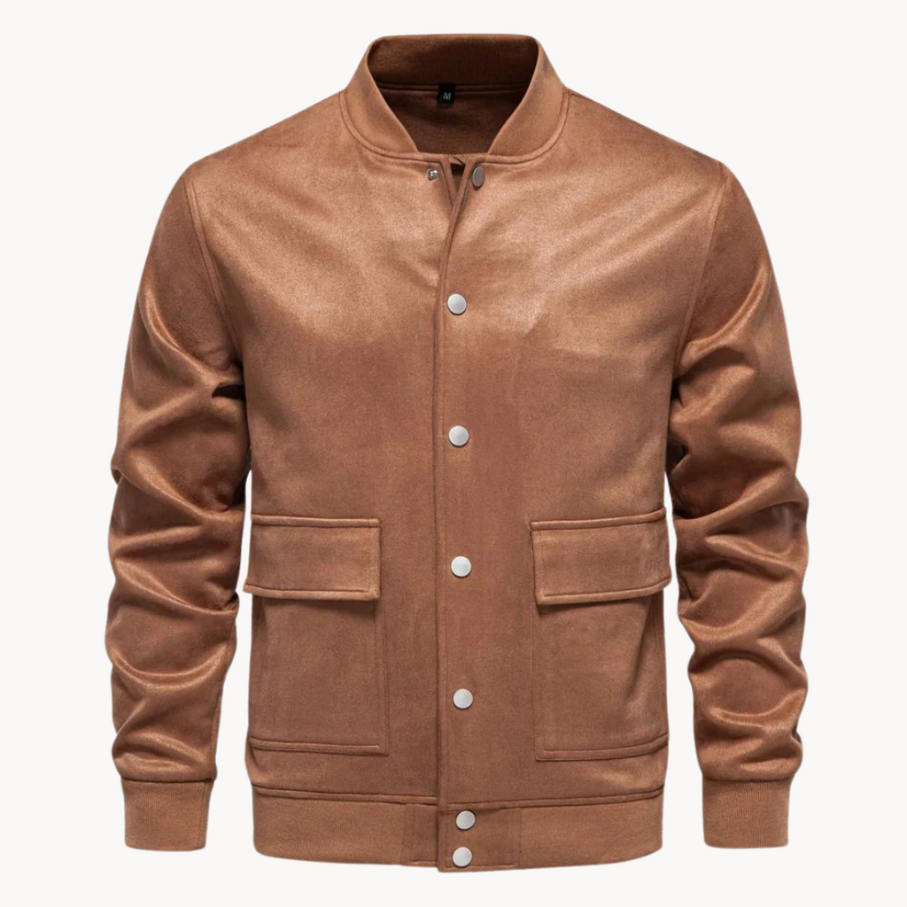 Chaqueta bomber hombre con cierre de botones y cuello corto corte recto largo a la cadera