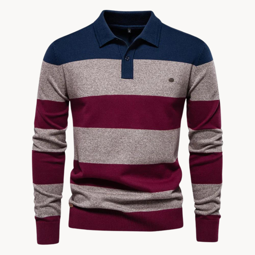 Jersey de punto para hombre con cuello polo manga larga a rayas horizontales trama regular