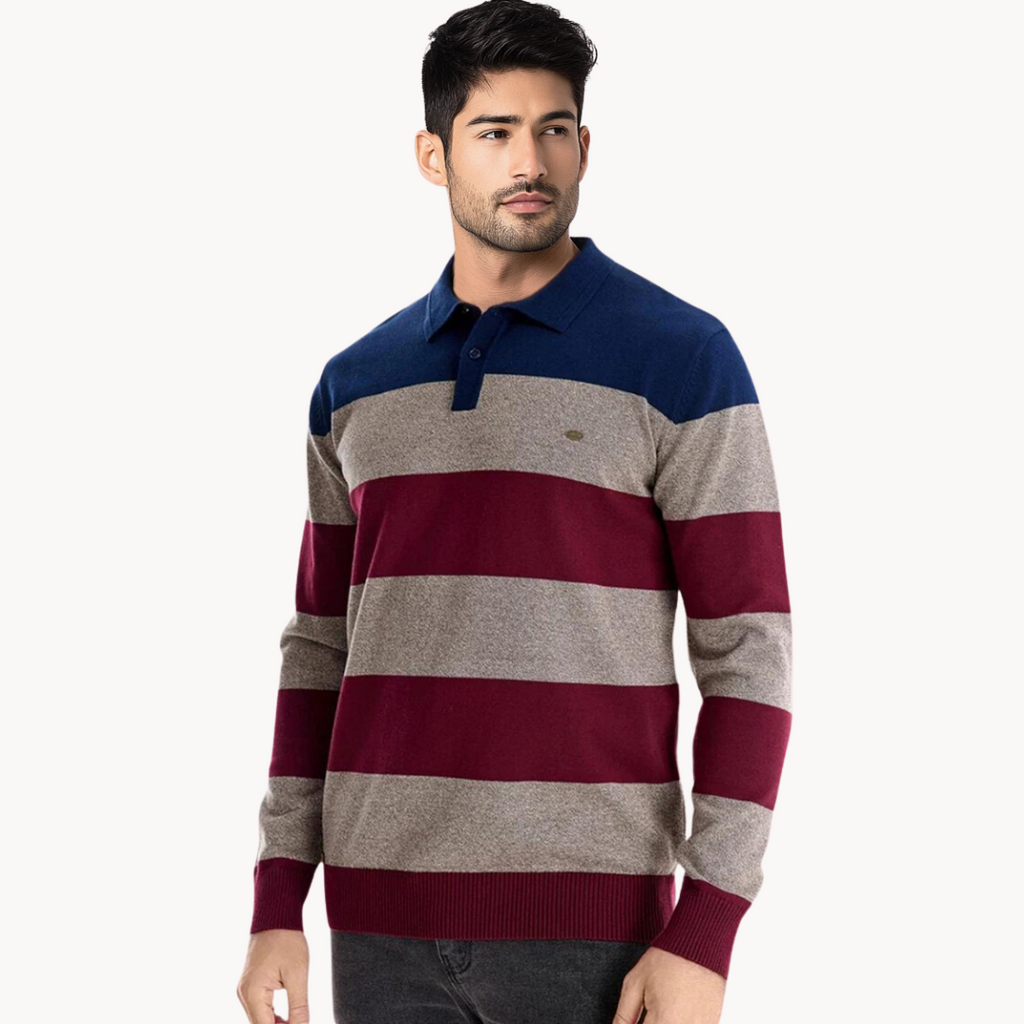 Jersey de punto para hombre con cuello polo manga larga a rayas horizontales trama regular