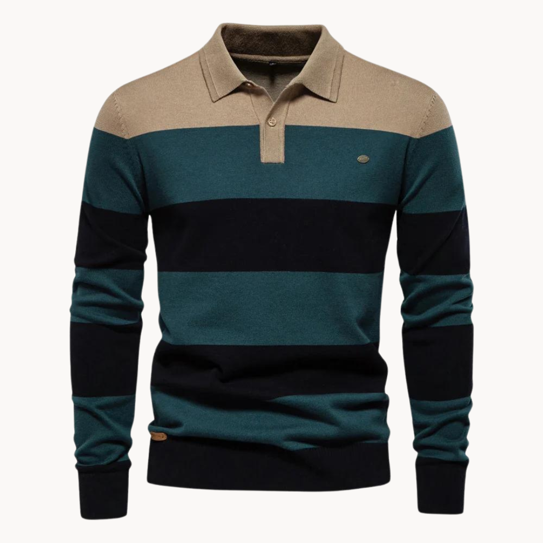Jersey de punto para hombre con cuello polo manga larga a rayas horizontales trama regular