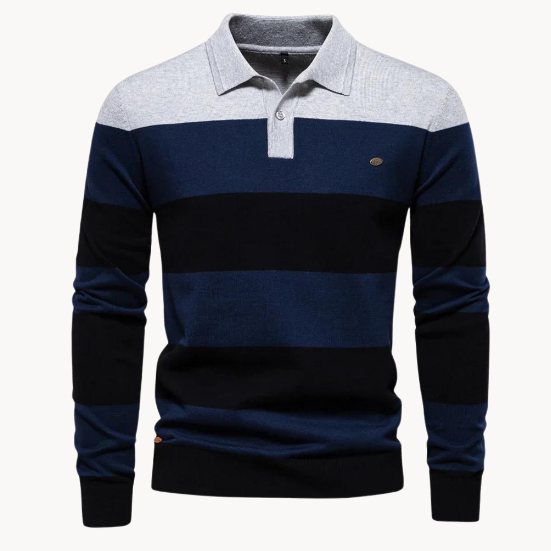 Jersey de punto para hombre con cuello polo manga larga a rayas horizontales trama regular