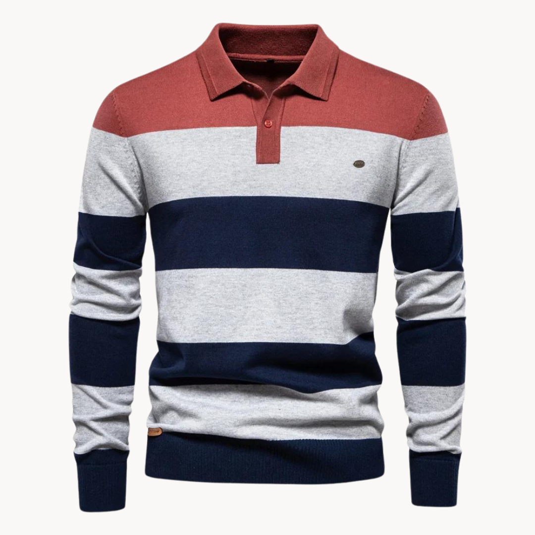 Jersey de punto para hombre con cuello polo manga larga a rayas horizontales trama regular