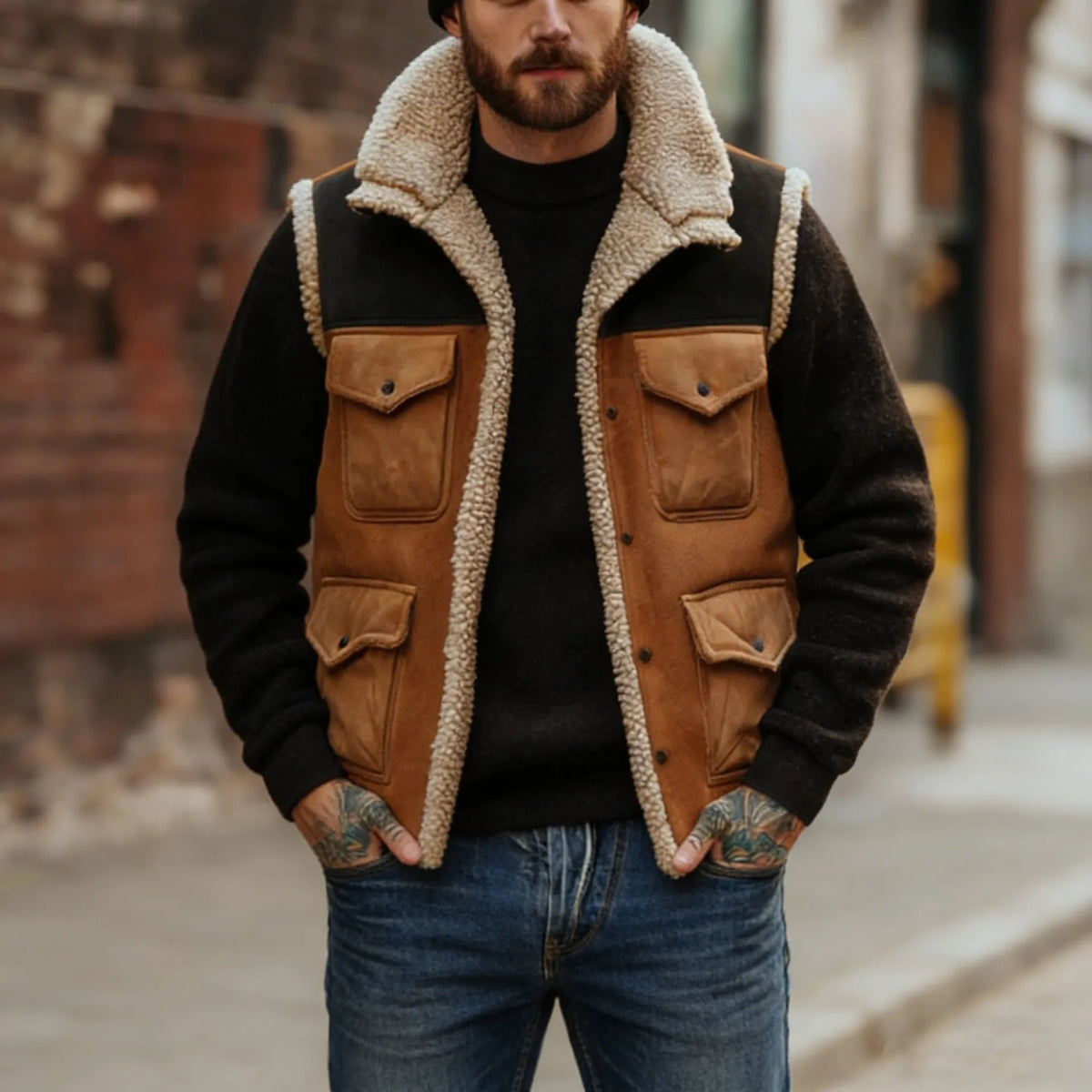 Chaleco hombre vintage color block forro borreguito urbano cálido retro - Émeric