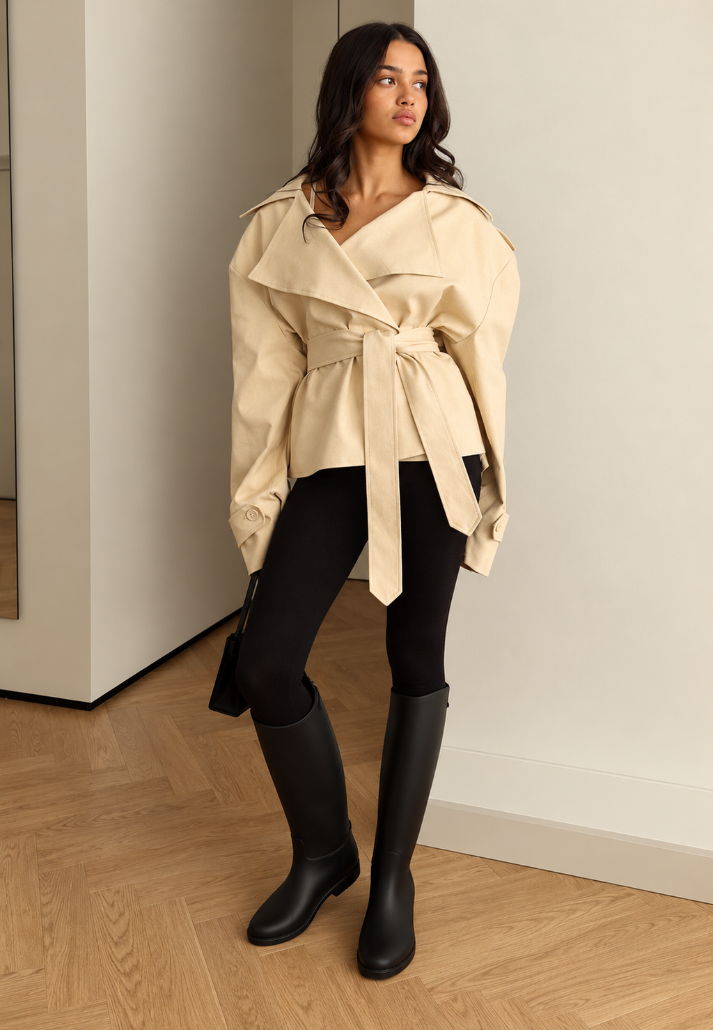 Gabardina mujer corta cinturón solapas trench elegante otoño largo cadera - Nerea