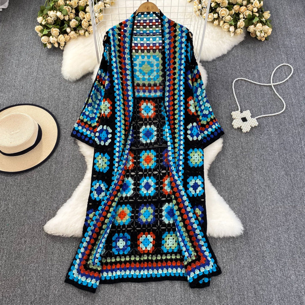 Kimono mujer crochet artesanal aire bohemio largo - Nahla