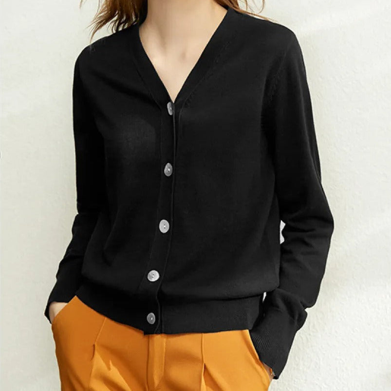 Cárdigan mujer punto fino cuello en V aire minimalista - Annelise