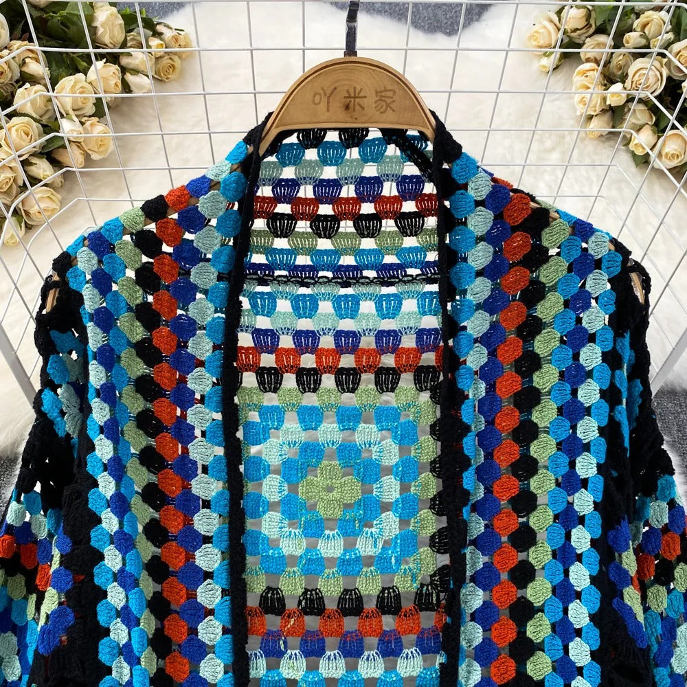 Kimono mujer crochet artesanal aire bohemio largo - Nahla