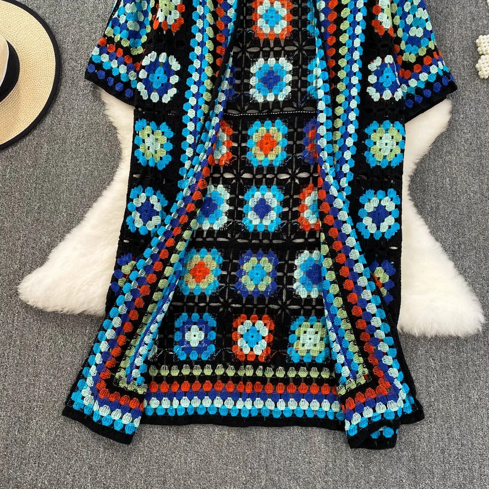 Kimono mujer crochet artesanal aire bohemio largo - Nahla