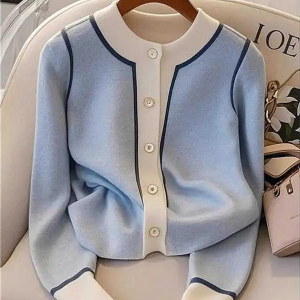 Cárdigan mujer chic cuello redondo paño fino con contraste - Elina