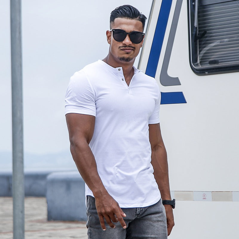 Camiseta hombre manga corta con botones cuello redondo ajustada algodón elástico