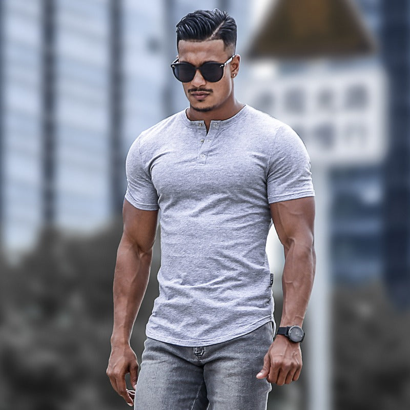 Camiseta hombre manga corta con botones cuello redondo ajustada algodón elástico