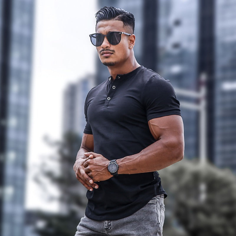 Camiseta hombre manga corta con botones cuello redondo ajustada algodón elástico