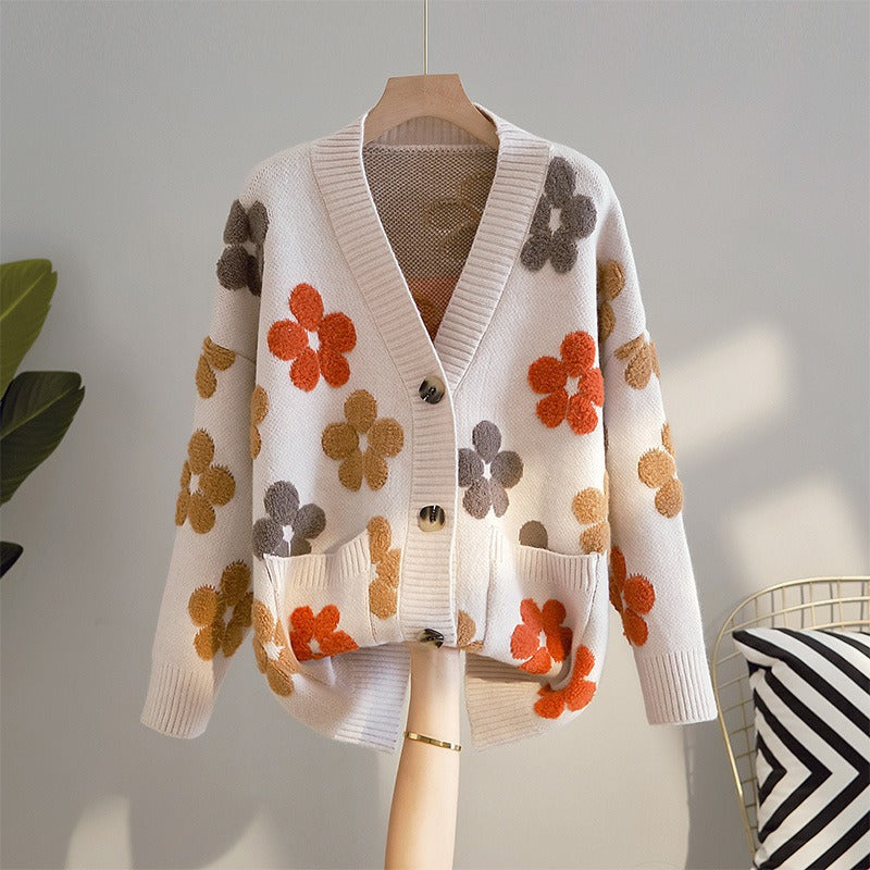 Cárdigan mujer punto jacquard flores aire retro - Karla