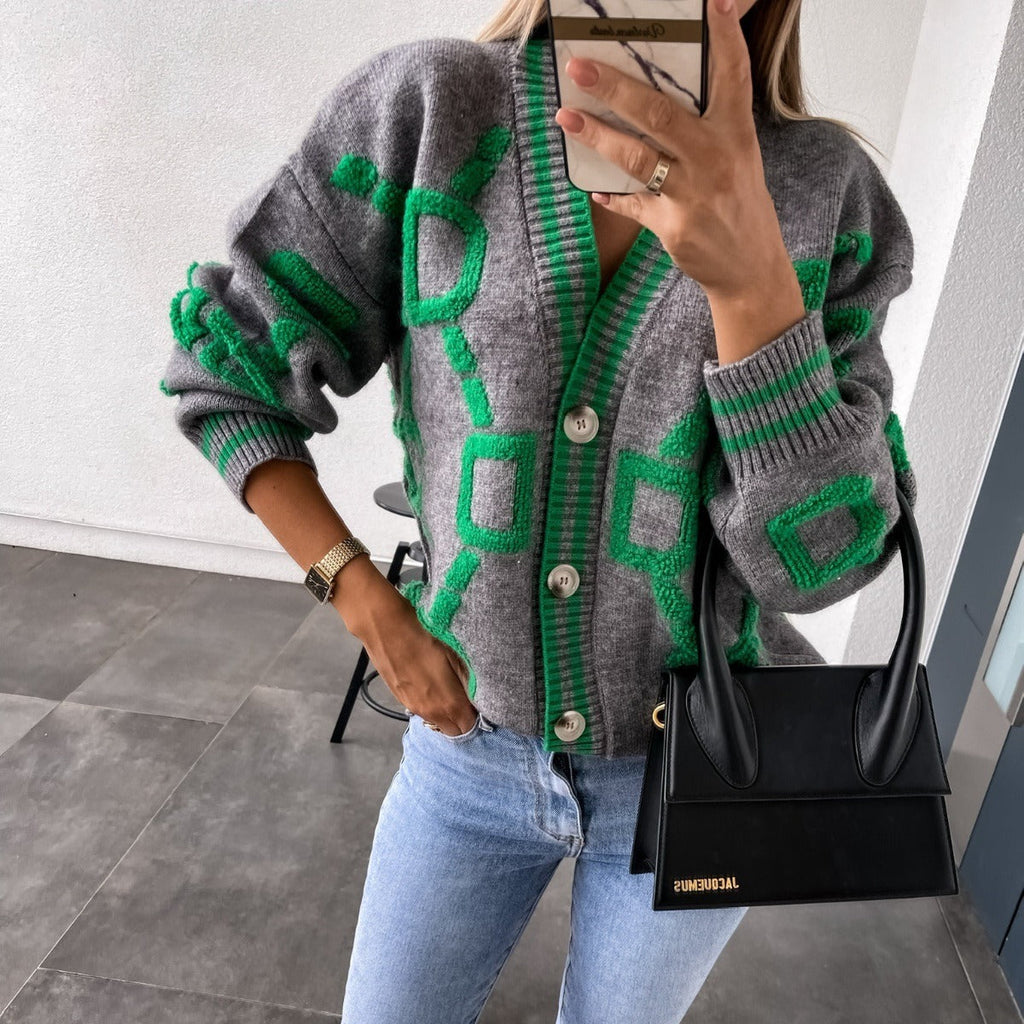 Cárdigan mujer punto jacquard estampado geométrico aire colorido - Ninelle