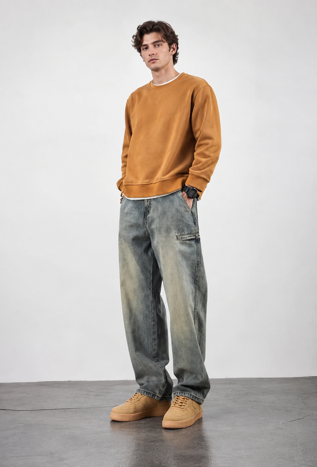 Jeans hombre loose fit efecto lavado pierna recta amplia denim otoño - Roderik