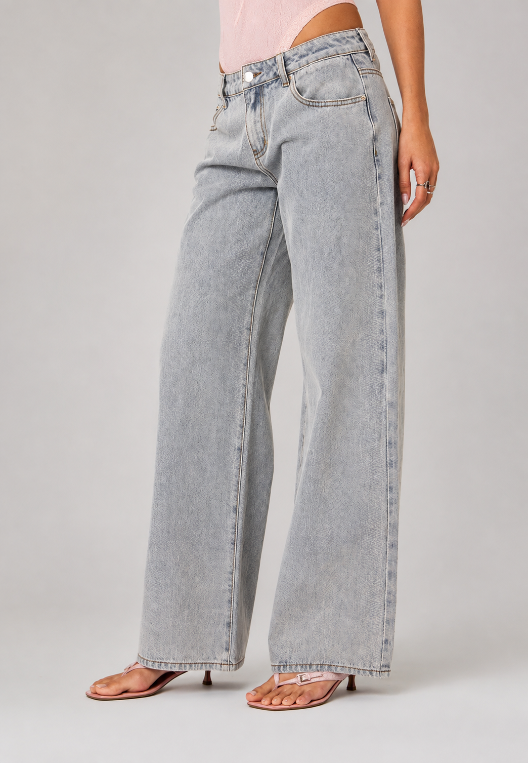 Jeans mujer tiro bajo pierna ancha largo completo lavado uniforme - Kerstin
