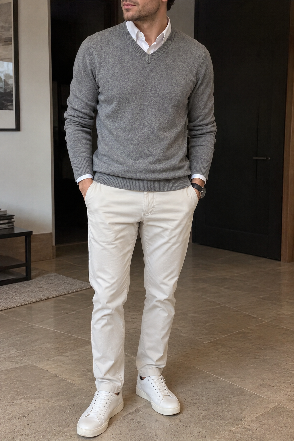Jersey punto hombre cuello pico manga larga liso corte regular otoño - Orsino