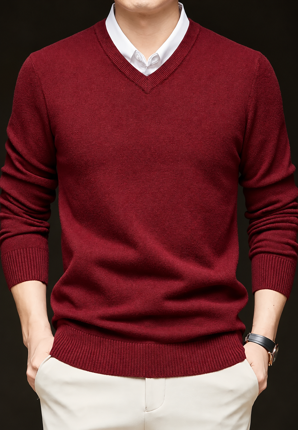 Jersey punto hombre cuello pico manga larga liso corte regular otoño - Orsino