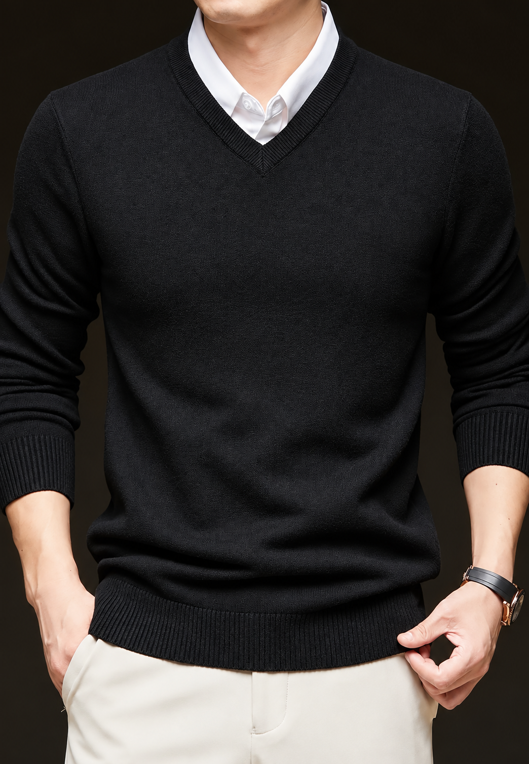 Jersey punto hombre cuello pico manga larga liso corte regular otoño - Orsino