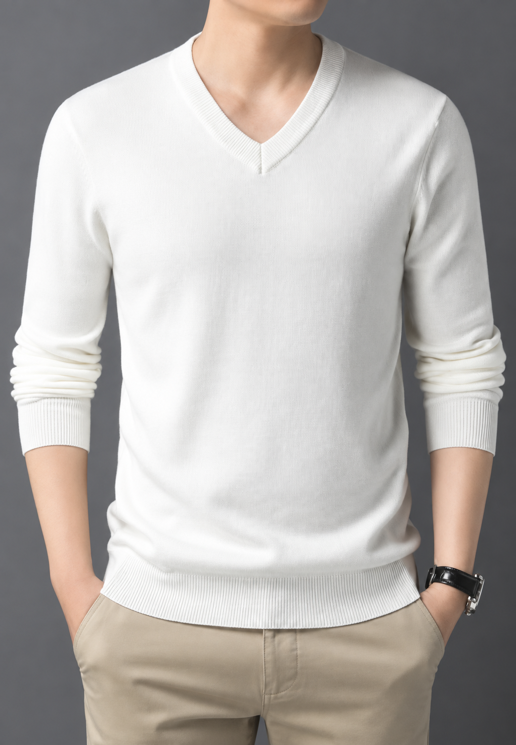 Jersey punto hombre cuello pico manga larga liso corte regular otoño - Orsino