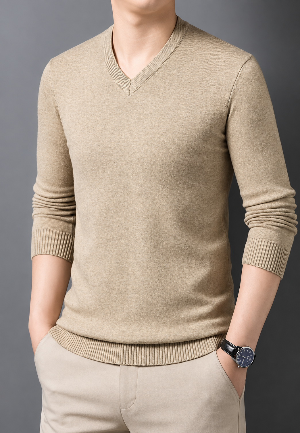 Jersey punto hombre cuello pico manga larga liso corte regular otoño - Orsino