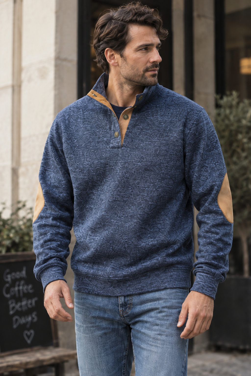 Jersey hombre cuello alto botones coderas interior contraste corte recto otoño - James