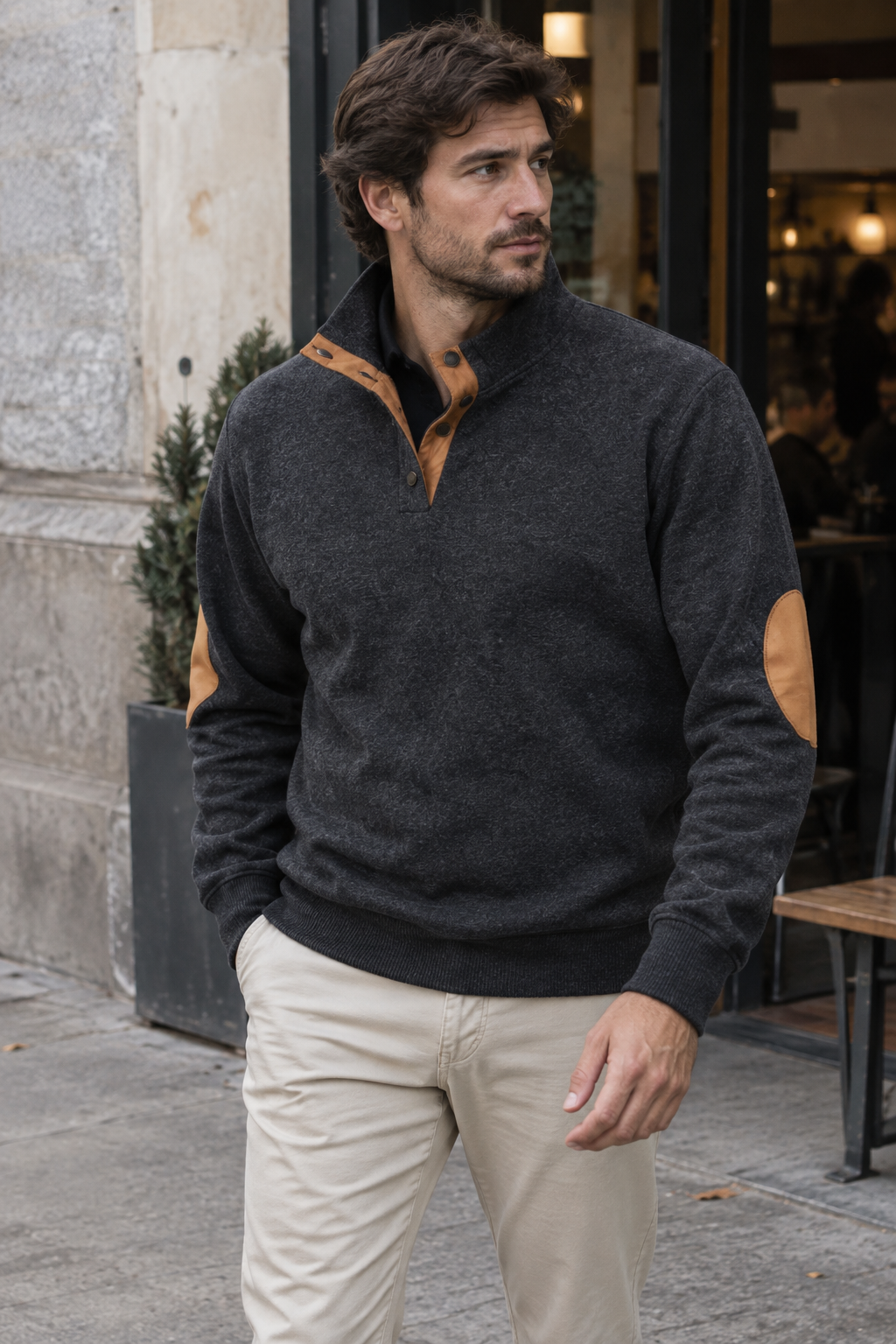 Jersey hombre cuello alto botones coderas contraste tapeta corta detalle otoño - Thorben