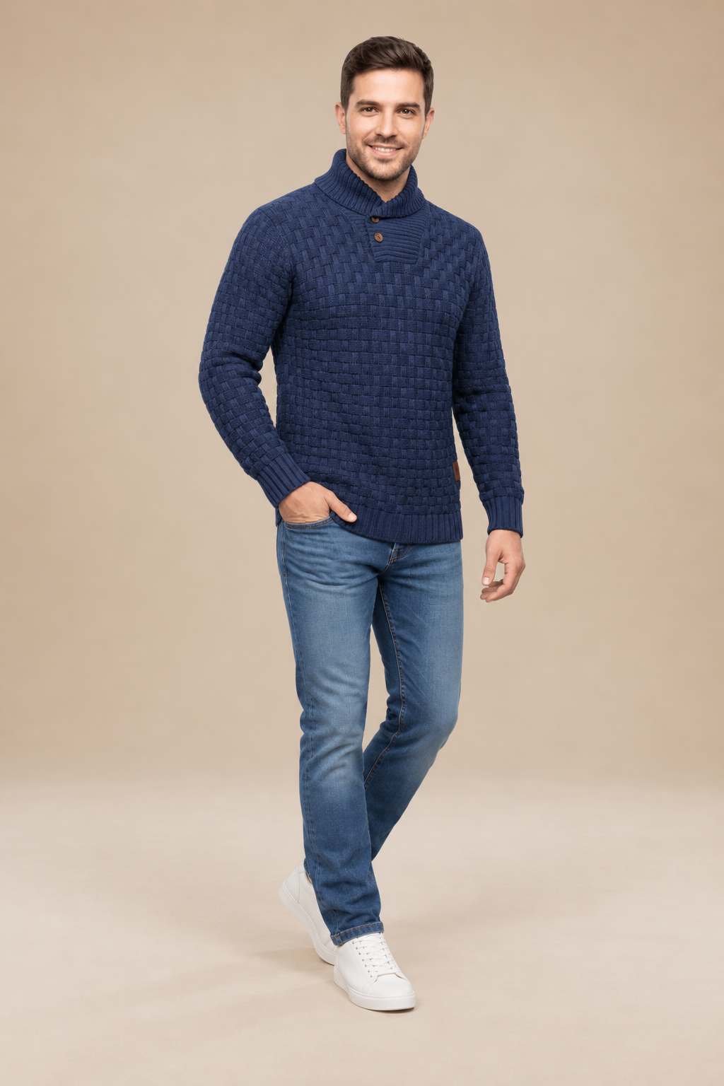 Jersey hombre cuello chal botones punto texturizado relieve geométrico cesta - Hadrian