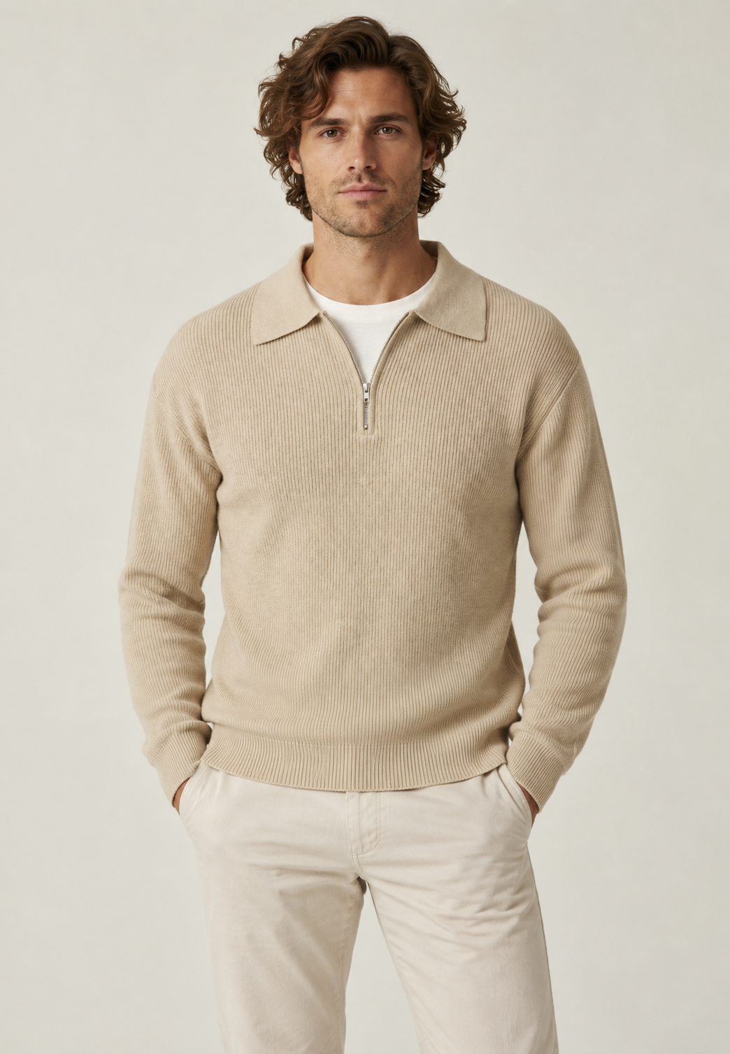 Jersey hombre cuello polo media cremallera punto canalé líneas verticales otoño - Ilan