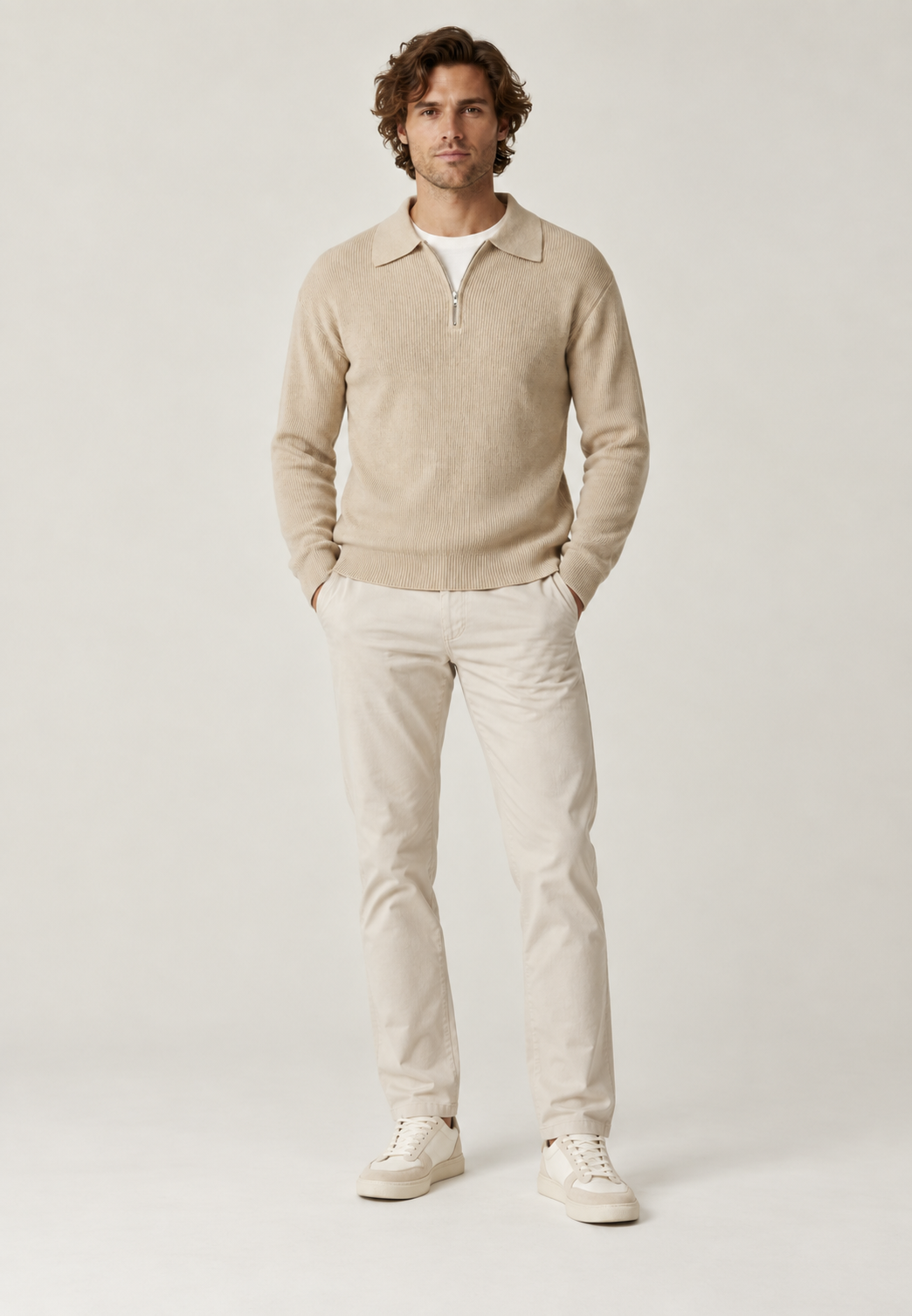 Jersey hombre cuello polo media cremallera punto canalé líneas verticales otoño - Ilan