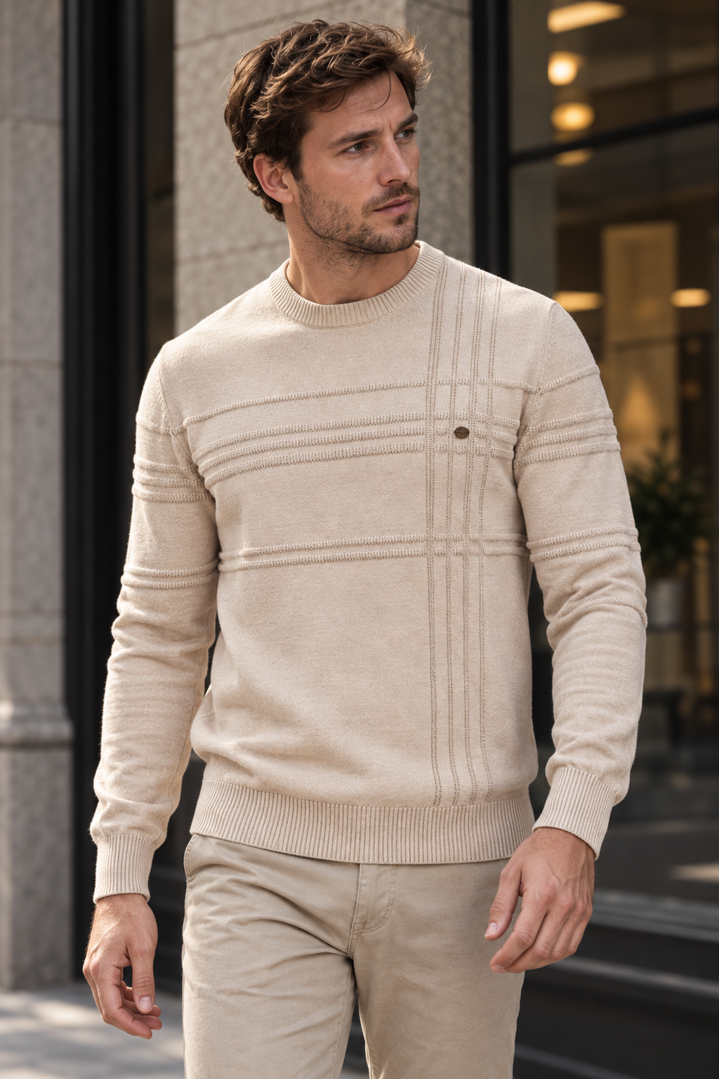 Jersey hombre cuello redondo punto estructura cuadros relieve tejido versátil - Simon