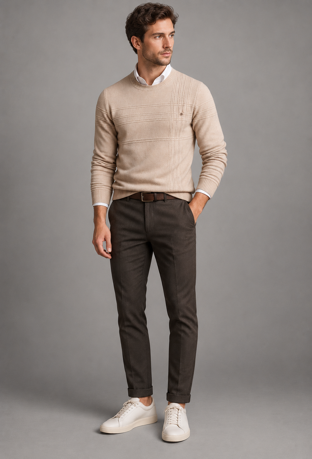 Jersey hombre cuello redondo punto texturizado líneas relieve diagonal otoño - Silas