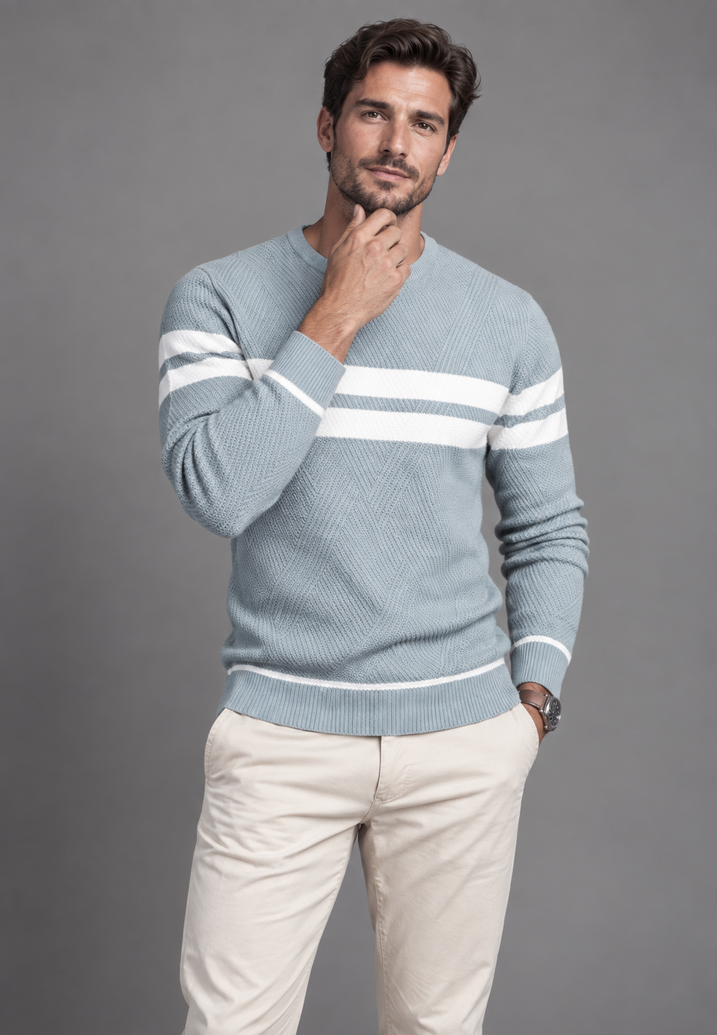 Jersey hombre cuello redondo rayas horizontales punto texturizado otoño - Tobias
