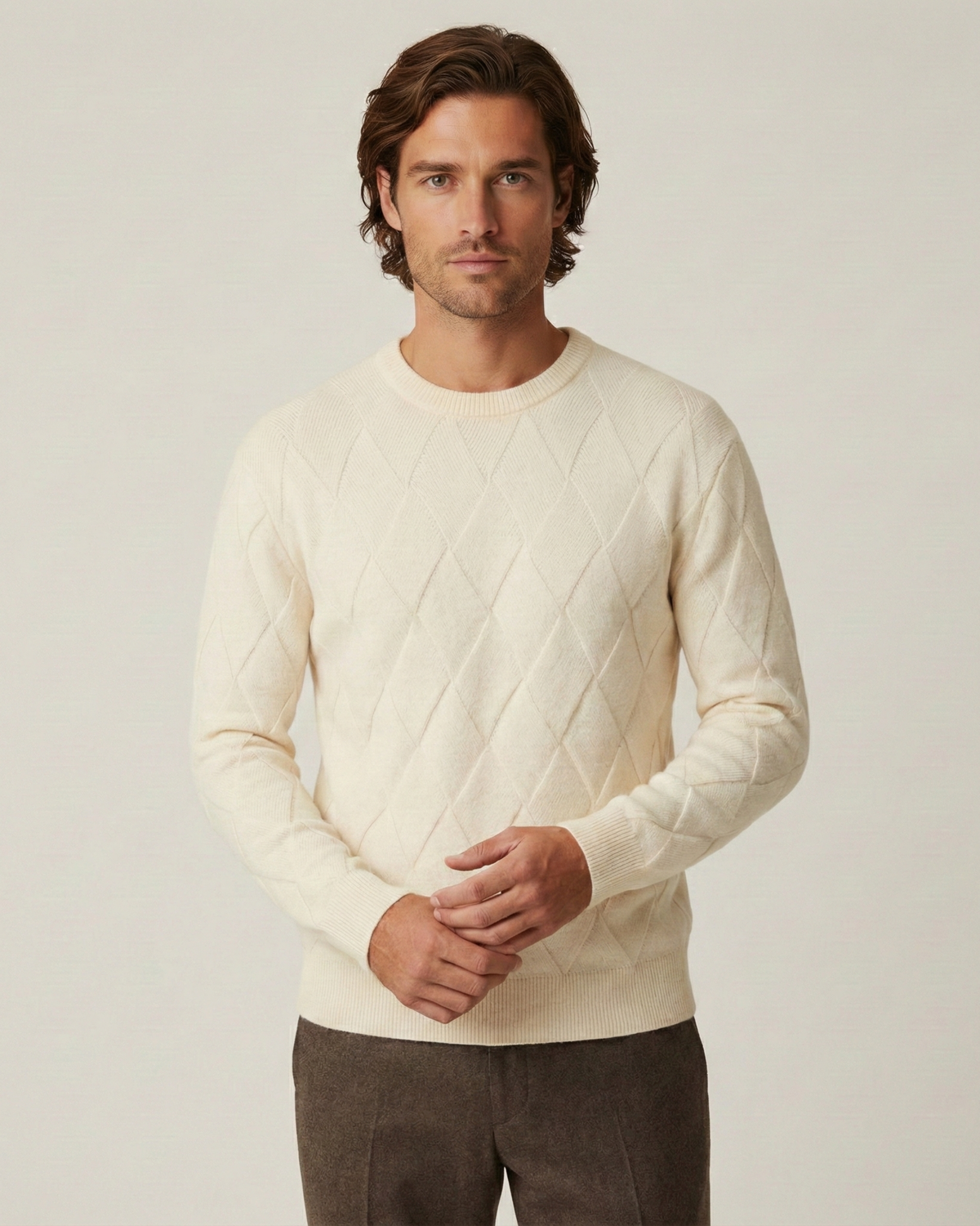 Jersey hombre cuello redondo rombos en relieve manga larga textura otoño - Adriel