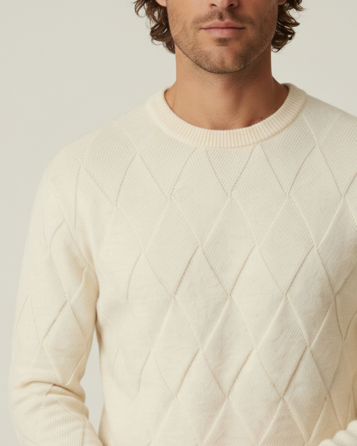 Jersey hombre cuello redondo rombos en relieve manga larga textura otoño - Adriel