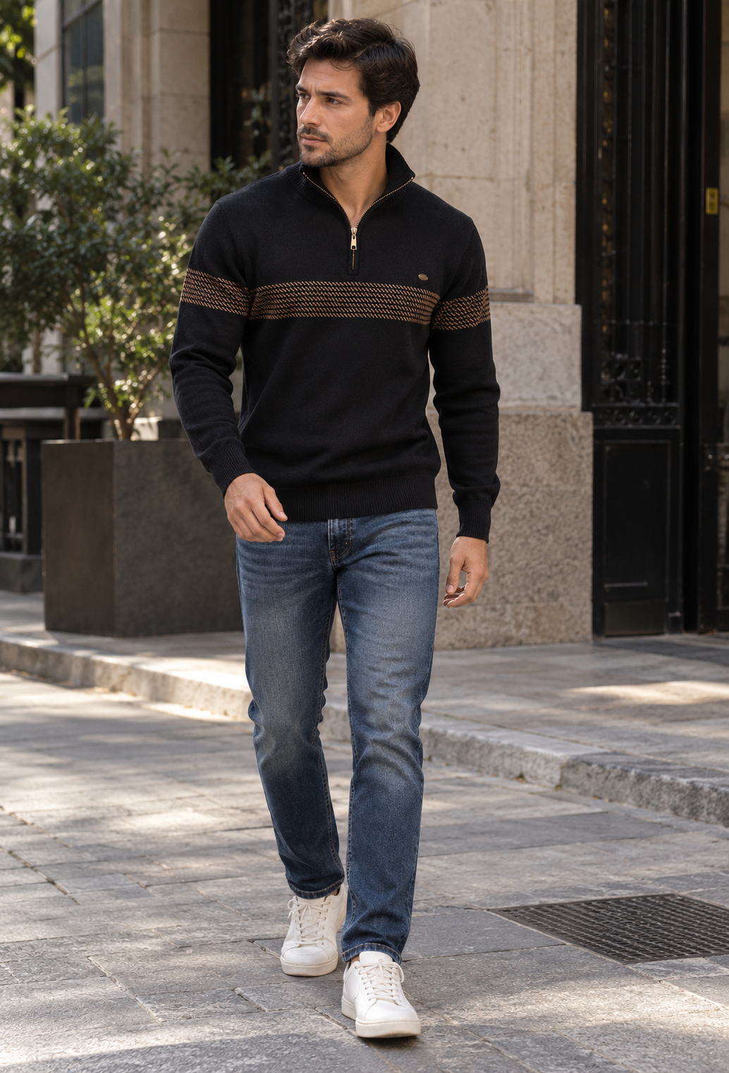 Jersey hombre media cremallera cuello alto franja geométrica otoño casual - Nolan