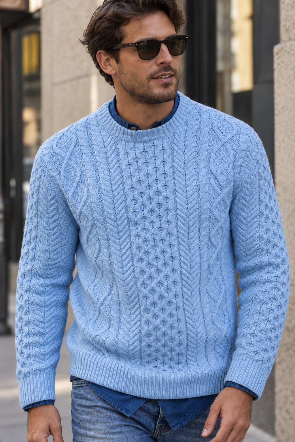Jersey hombre punto trenzado cuello redondo manga larga ochos relieve textura - Bastien