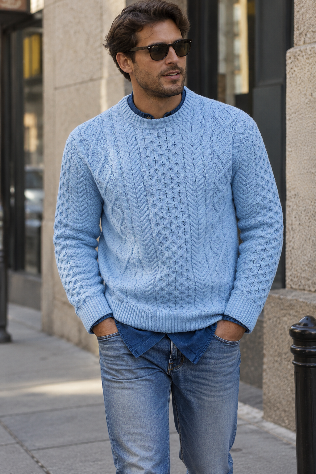 Jersey hombre punto trenzado cuello redondo manga larga ochos relieve textura - Bastien