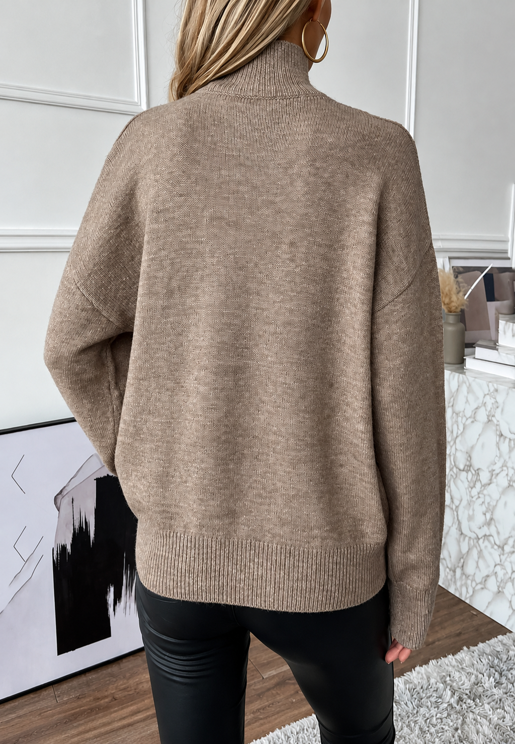Jersey mujer cuello alto hombros descubiertos efecto doble capa escote V canalé - Mirevna