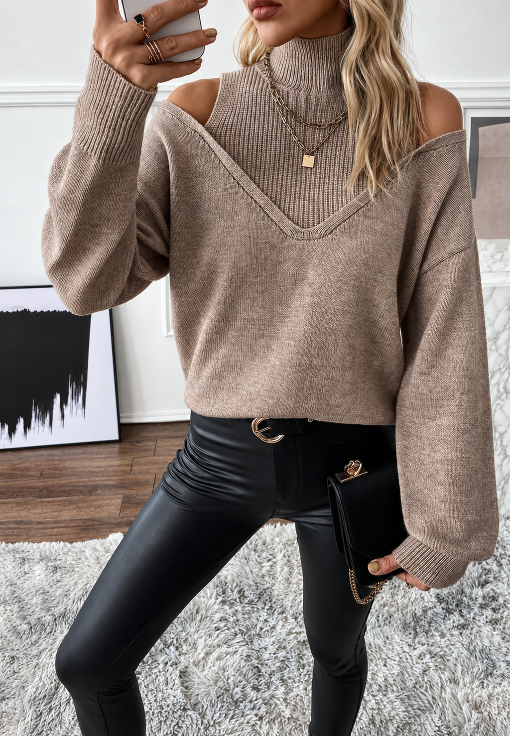 Jersey mujer cuello alto hombros descubiertos efecto doble capa escote V canalé - Mirevna