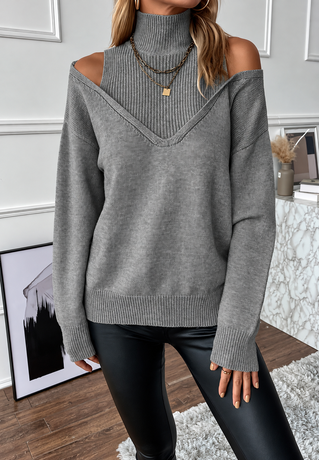 Jersey mujer cuello alto hombros descubiertos efecto doble capa escote V canalé - Mirevna