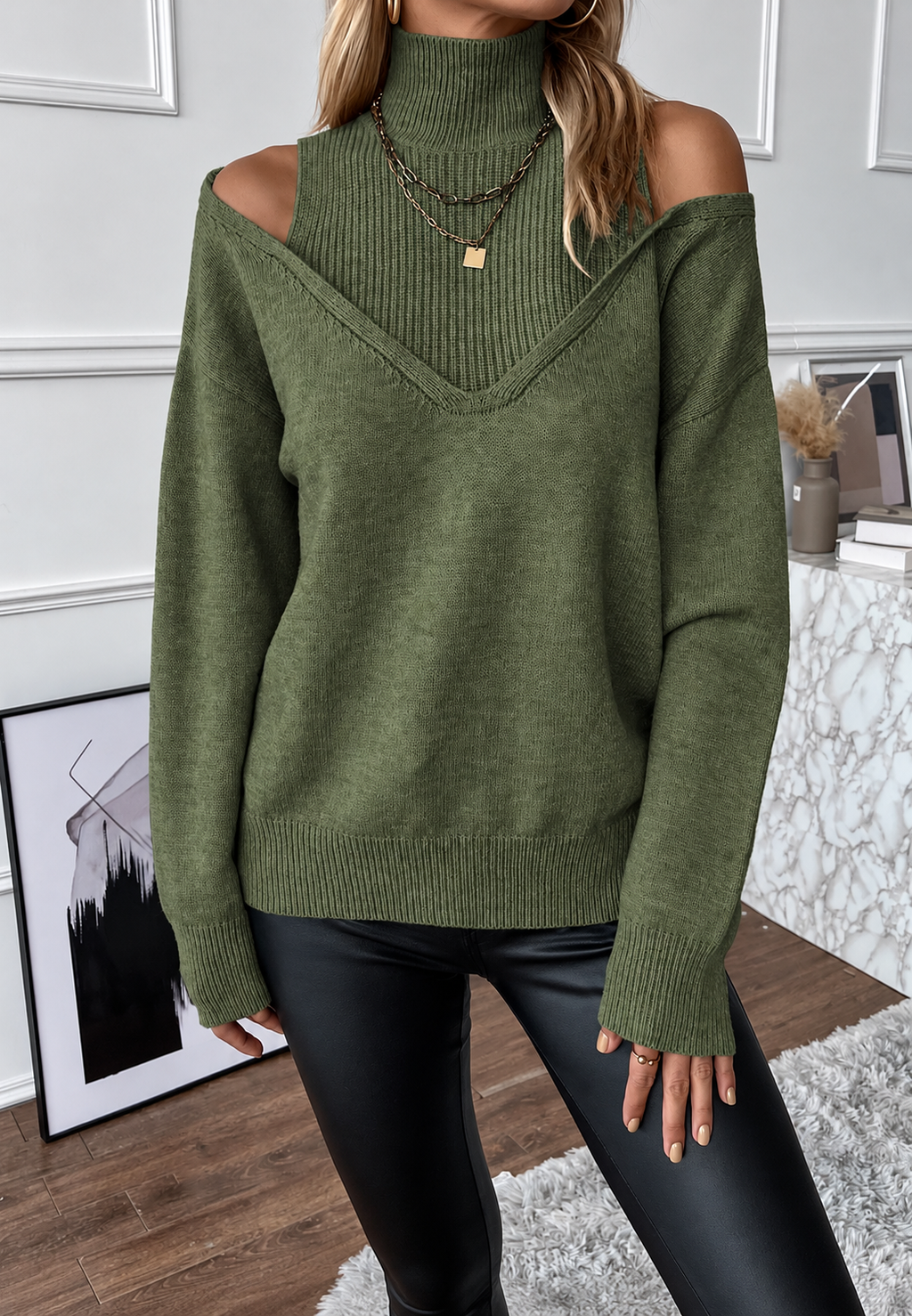 Jersey mujer cuello alto hombros descubiertos efecto doble capa escote V canalé - Mirevna
