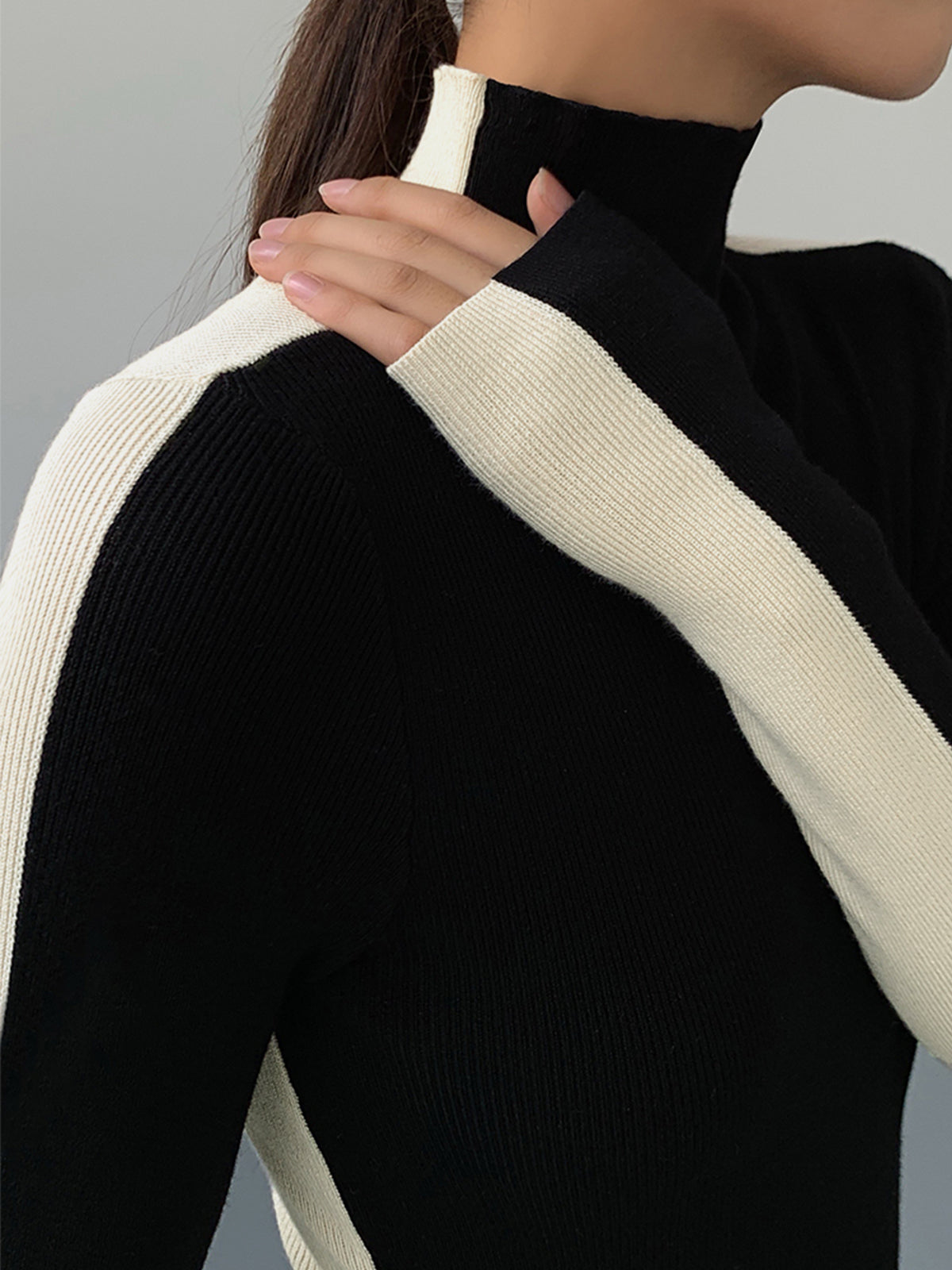 Jersey punto fino mujer cuello alto manga larga canalé vivos contraste - Maren