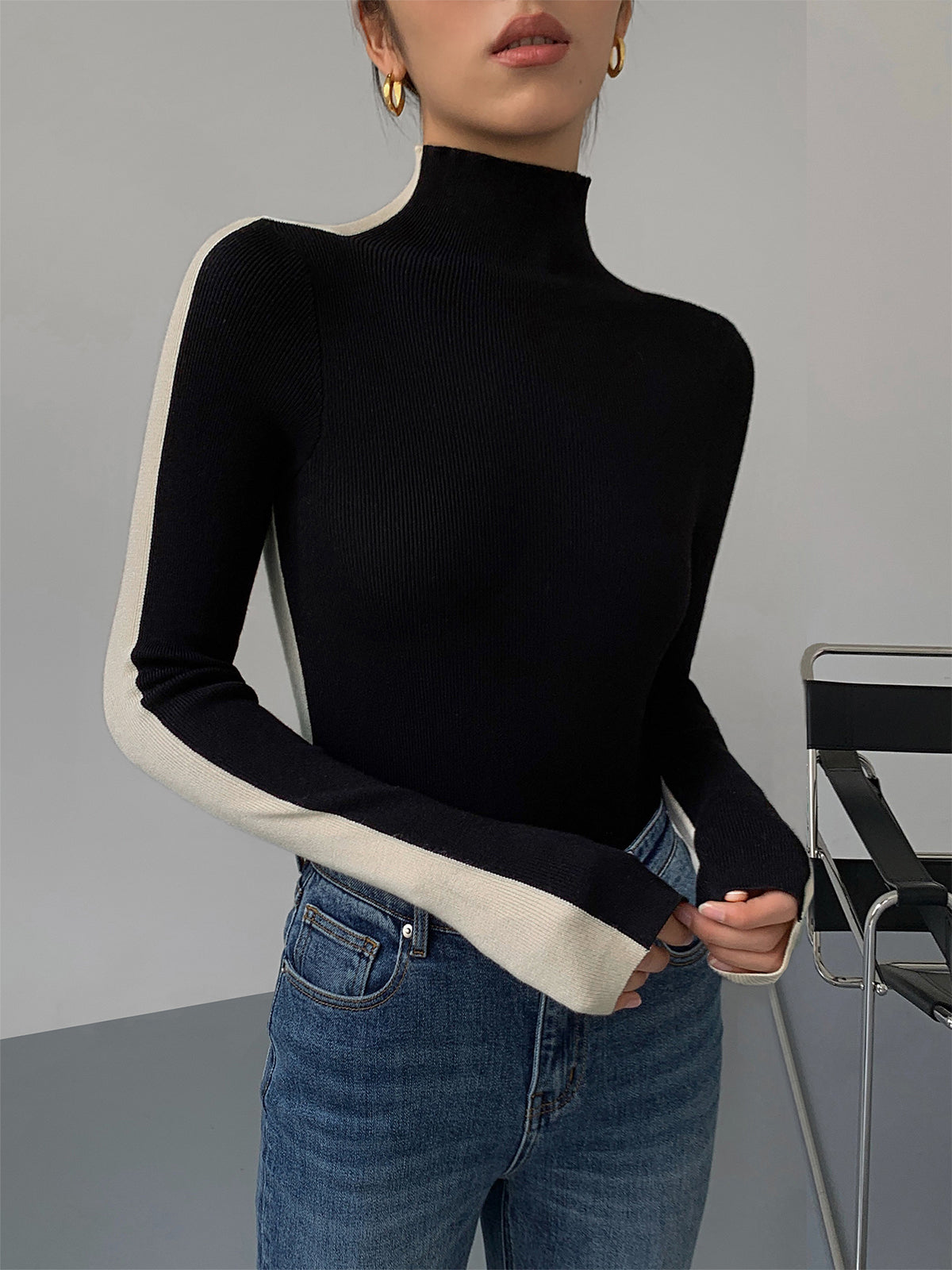 Jersey punto fino mujer cuello alto manga larga canalé vivos contraste - Maren