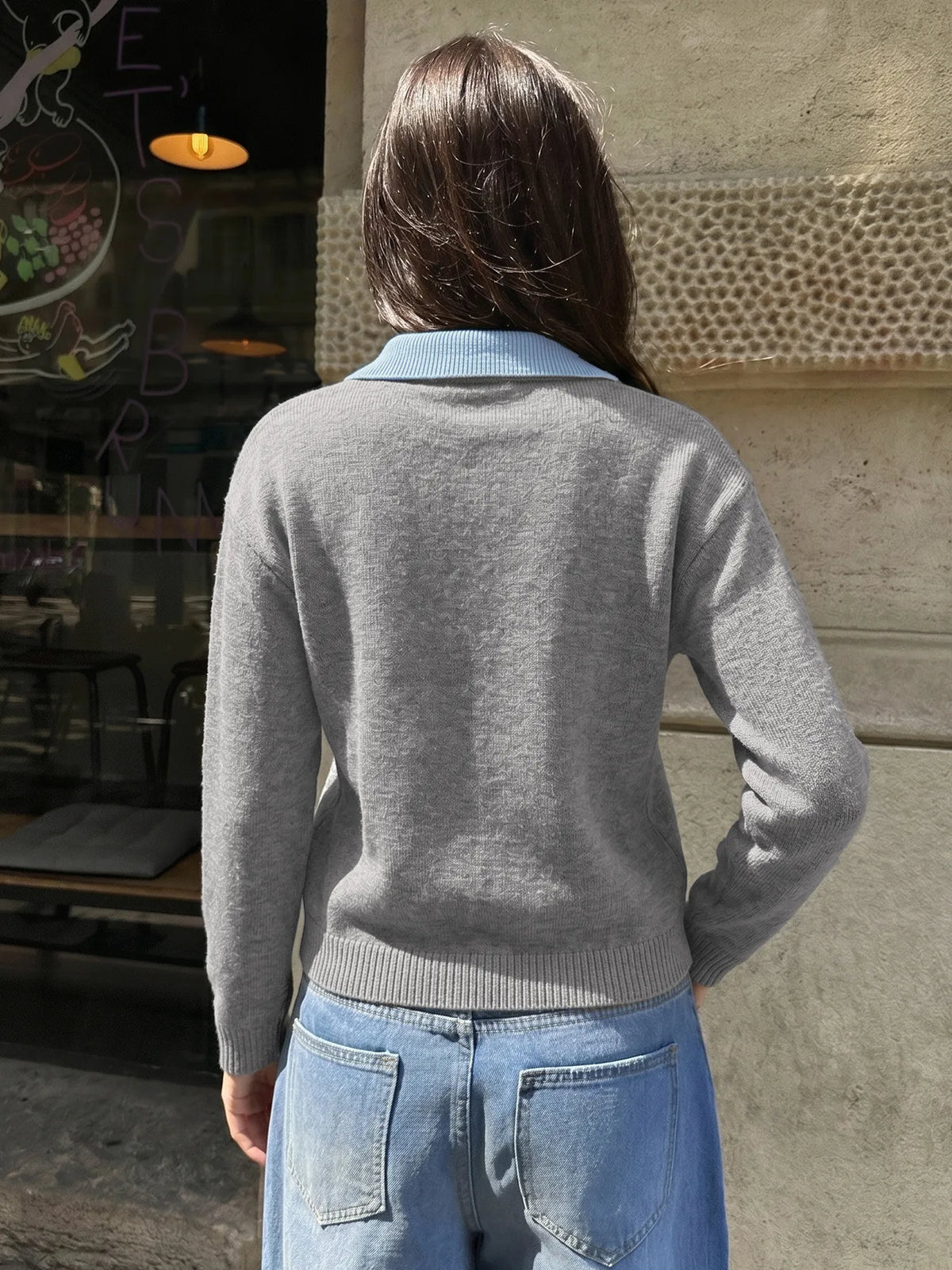 Jersey punto mujer cuello camisero contraste escote V preppy sofisticado - Tilda