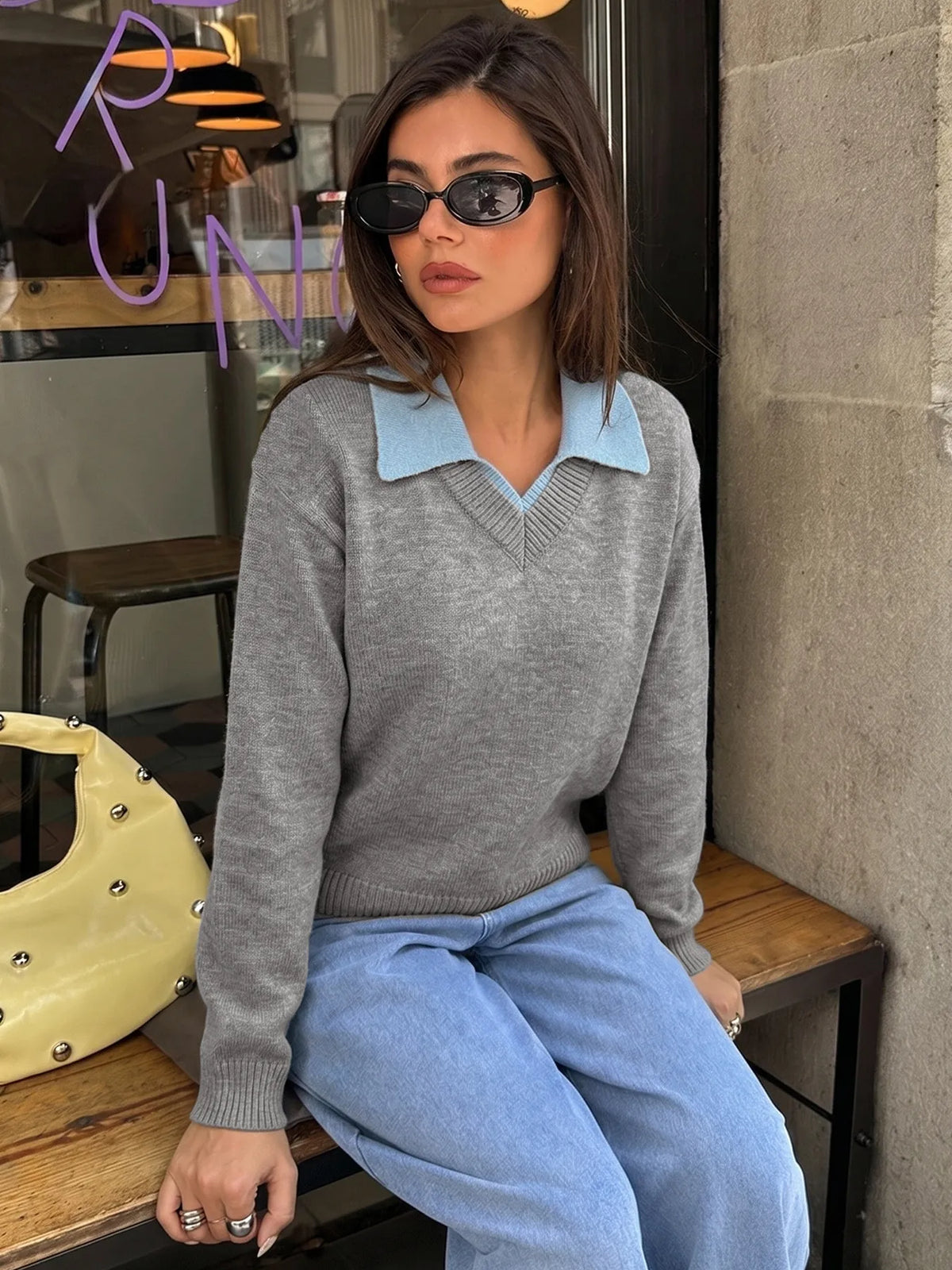 Jersey punto mujer cuello camisero contraste escote V preppy sofisticado - Tilda