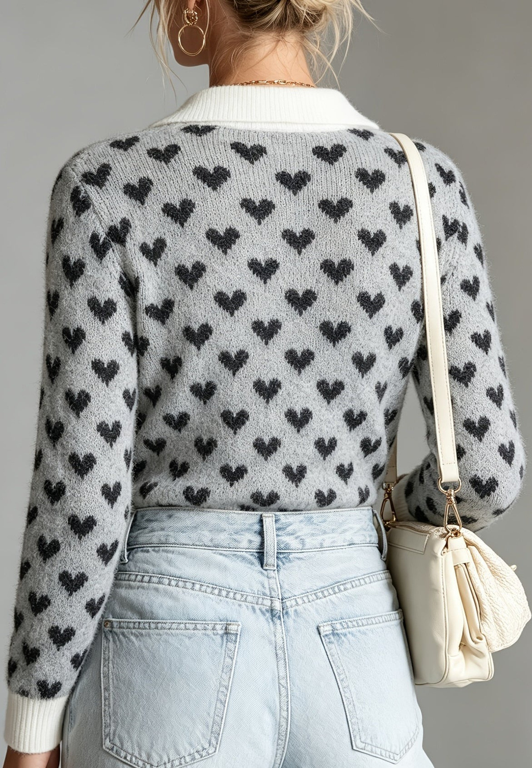 Jersey mujer estampado corazones cuello polo escote pico manga larga contraste - Nerina