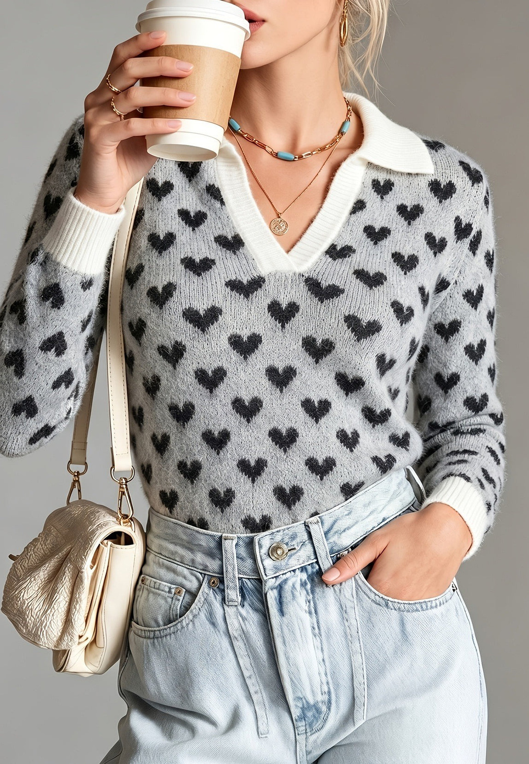 Jersey mujer estampado corazones cuello polo escote pico manga larga contraste - Nerina