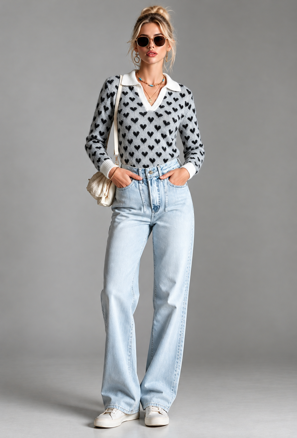 Jersey mujer estampado corazones cuello polo escote pico manga larga contraste - Nerina